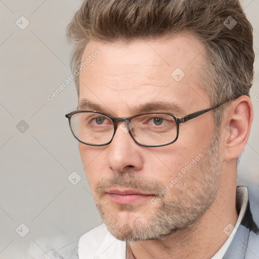 Neutral white adult male with short  brown hair and brown eyes