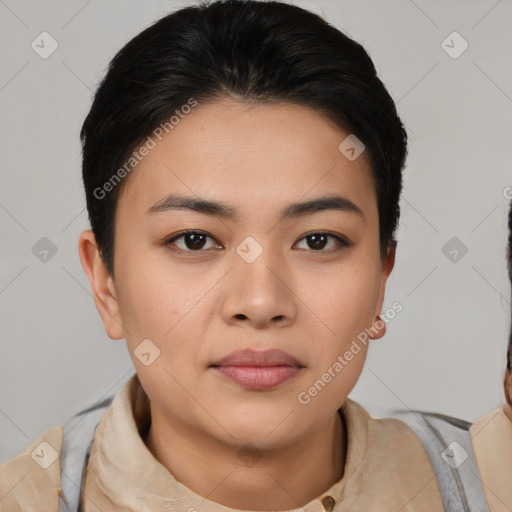 Joyful asian young-adult female with short  black hair and brown eyes