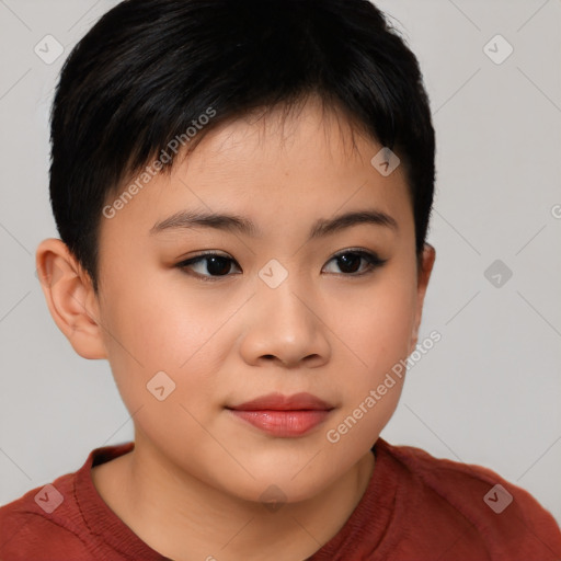 Neutral asian young-adult female with short  brown hair and brown eyes