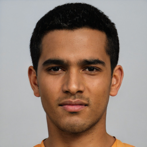 Neutral latino young-adult male with short  black hair and brown eyes