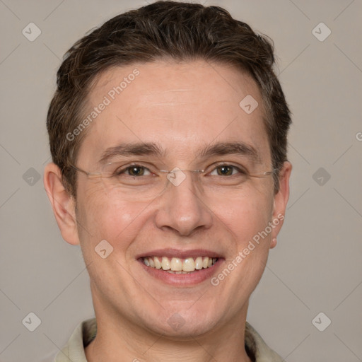 Joyful white adult male with short  brown hair and grey eyes