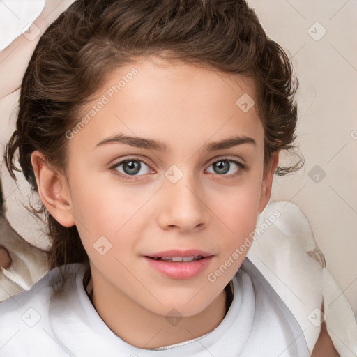 Joyful white child female with medium  brown hair and brown eyes