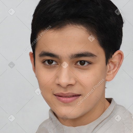 Joyful latino young-adult male with short  black hair and brown eyes