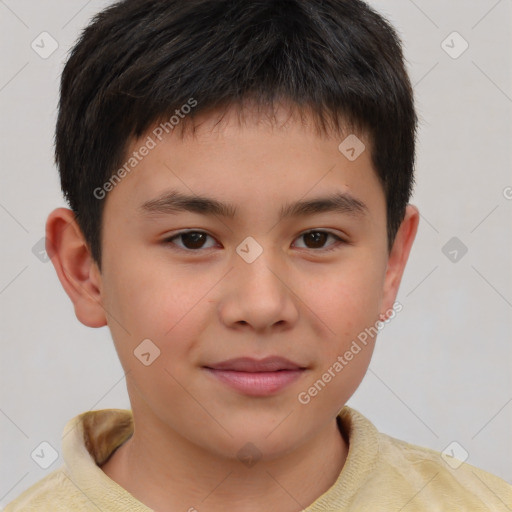 Joyful white child male with short  brown hair and brown eyes