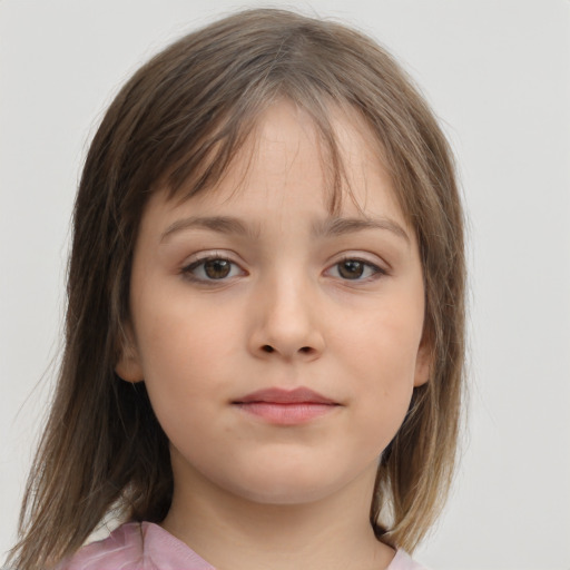 Neutral white child female with medium  brown hair and grey eyes