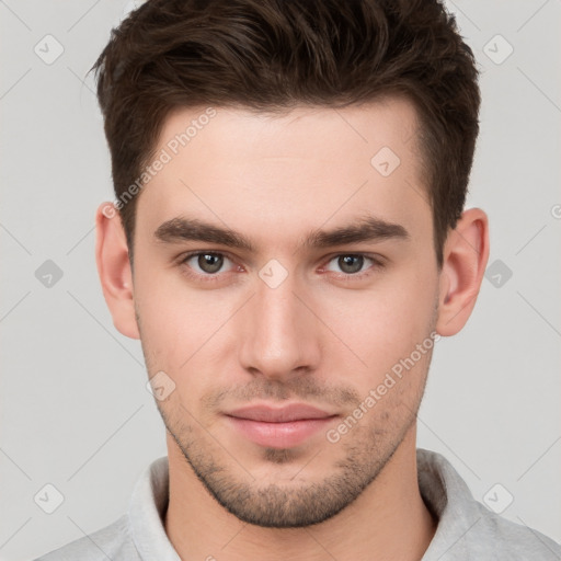 Neutral white young-adult male with short  brown hair and brown eyes