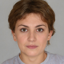 Neutral white young-adult female with short  brown hair and brown eyes