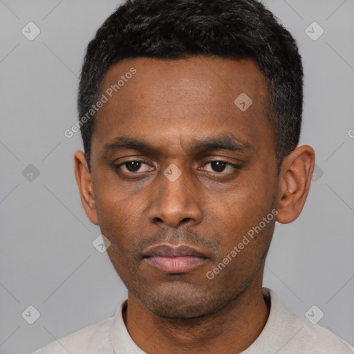 Neutral latino young-adult male with short  black hair and brown eyes