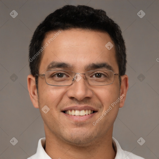 Joyful white young-adult male with short  black hair and brown eyes