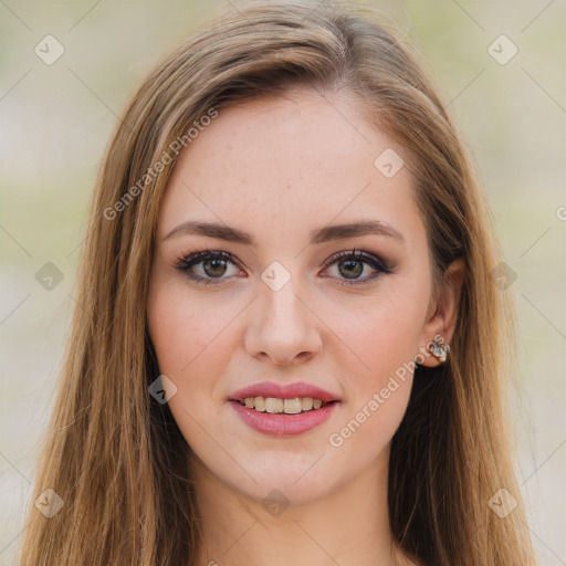 Joyful white young-adult female with long  brown hair and green eyes