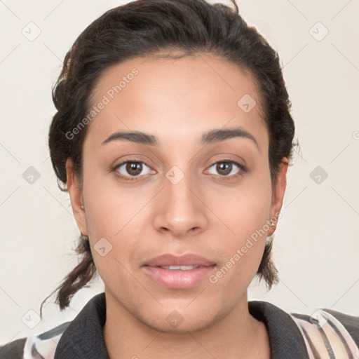 Neutral white young-adult female with short  brown hair and brown eyes