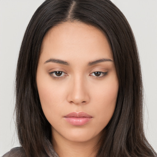 Neutral asian young-adult female with long  brown hair and brown eyes