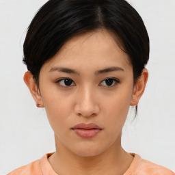 Neutral asian young-adult female with short  brown hair and brown eyes