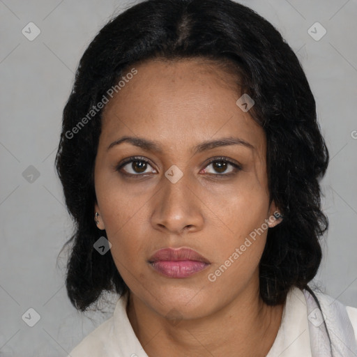 Neutral black young-adult female with medium  black hair and brown eyes