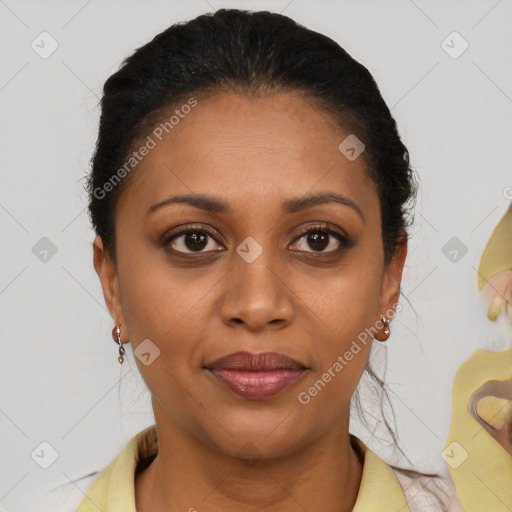 Joyful black young-adult female with medium  brown hair and brown eyes