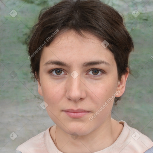 Neutral white young-adult female with short  brown hair and brown eyes