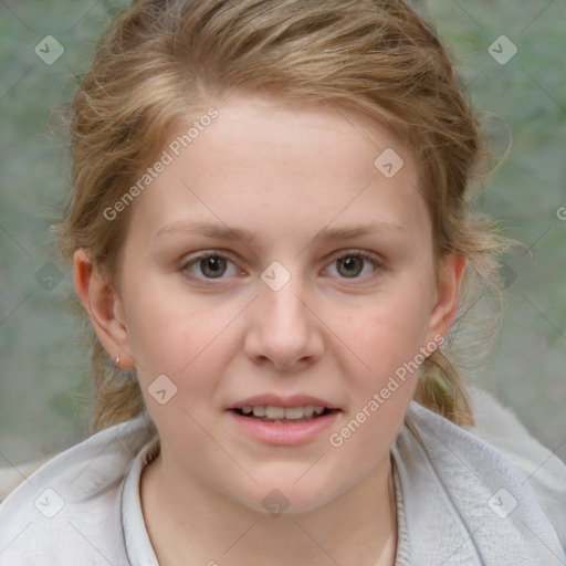 Joyful white young-adult female with medium  brown hair and blue eyes