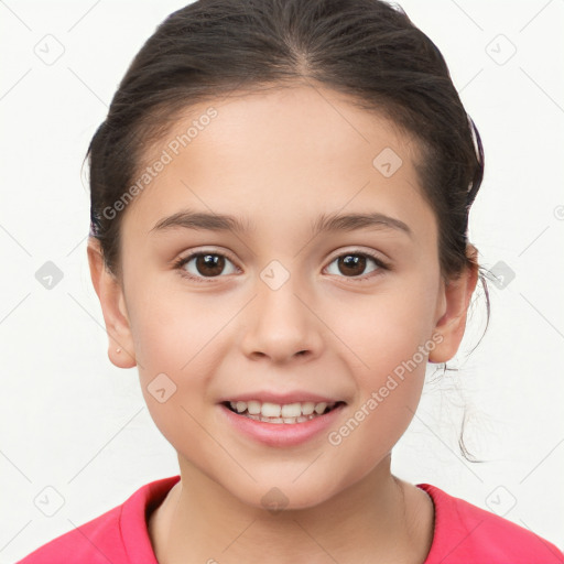 Joyful white child female with medium  brown hair and brown eyes