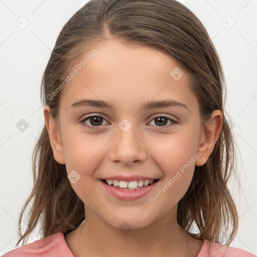 Joyful white child female with medium  brown hair and brown eyes