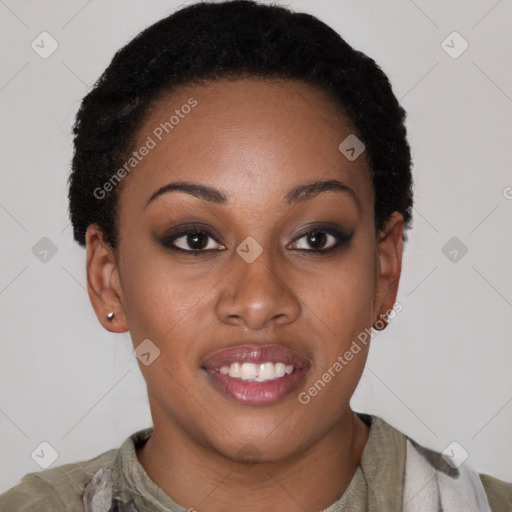 Joyful latino young-adult female with short  black hair and brown eyes