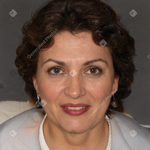 Joyful white adult female with short  brown hair and brown eyes