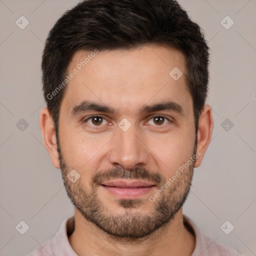 Joyful white young-adult male with short  brown hair and brown eyes