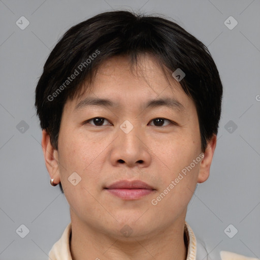 Neutral asian young-adult male with short  brown hair and brown eyes