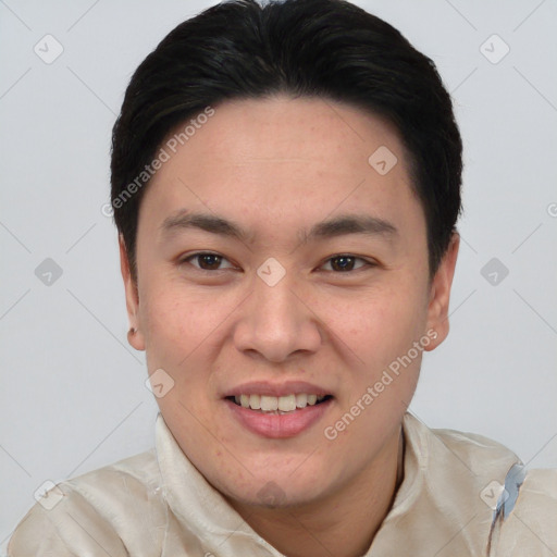 Joyful white young-adult male with short  black hair and brown eyes