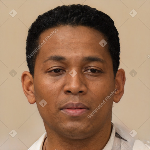 Neutral latino young-adult male with short  black hair and brown eyes