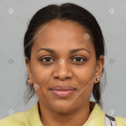 Joyful latino young-adult female with medium  brown hair and brown eyes