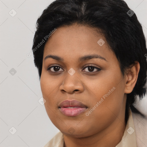 Joyful latino young-adult female with short  black hair and brown eyes