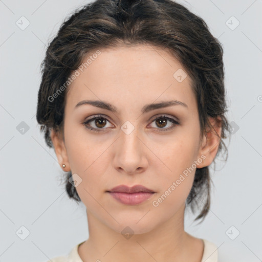 Neutral white young-adult female with medium  brown hair and brown eyes