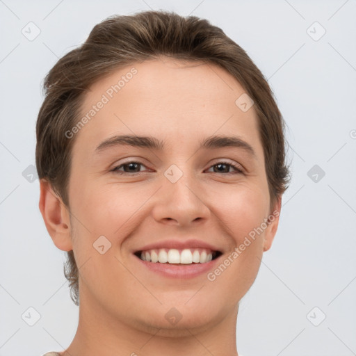 Joyful white young-adult female with short  brown hair and brown eyes