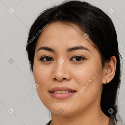 Joyful asian young-adult female with medium  brown hair and brown eyes