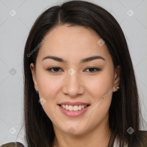 Joyful asian young-adult female with long  brown hair and brown eyes