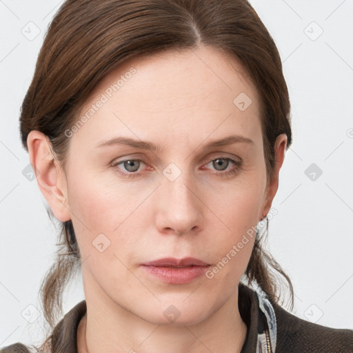 Neutral white young-adult female with medium  brown hair and grey eyes