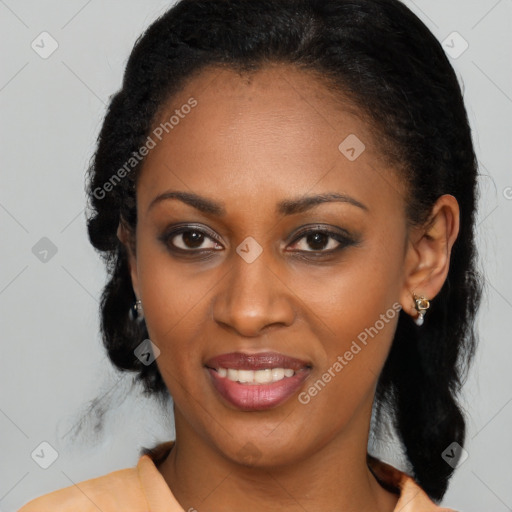 Joyful latino young-adult female with medium  black hair and brown eyes