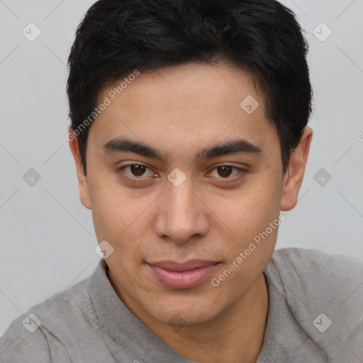 Joyful latino young-adult male with short  brown hair and brown eyes