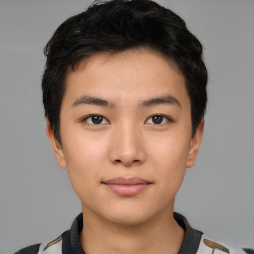 Neutral asian young-adult male with short  brown hair and brown eyes