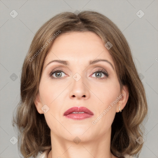 Neutral white young-adult female with medium  brown hair and grey eyes