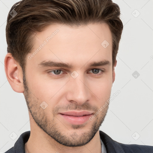 Neutral white young-adult male with short  brown hair and brown eyes