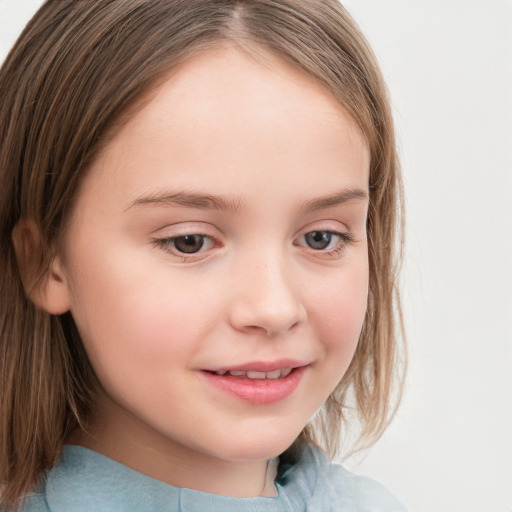 Joyful white child female with medium  brown hair and brown eyes