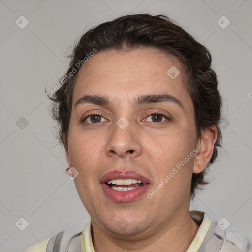 Joyful white adult female with short  brown hair and brown eyes