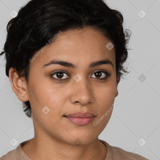 Joyful latino young-adult female with short  brown hair and brown eyes