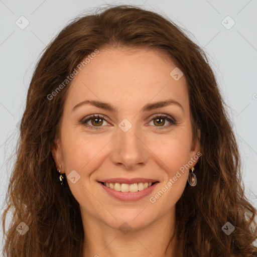 Joyful white young-adult female with long  brown hair and green eyes