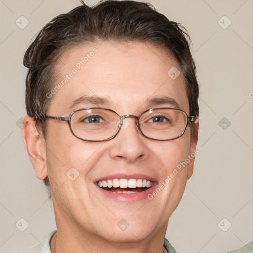 Joyful white adult male with short  brown hair and grey eyes