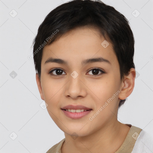 Joyful asian young-adult female with short  black hair and brown eyes