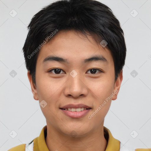 Joyful asian young-adult male with short  brown hair and brown eyes