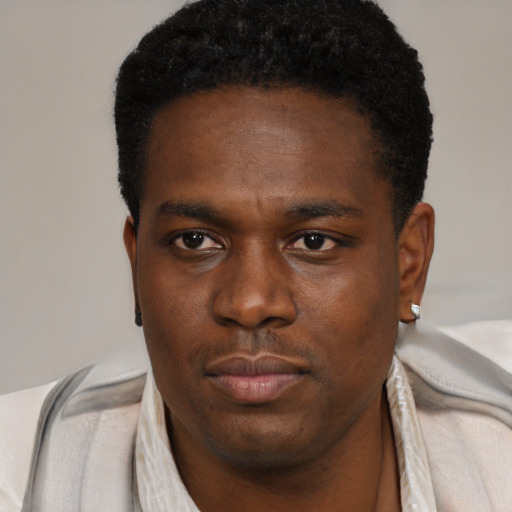 Neutral black young-adult male with short  black hair and brown eyes