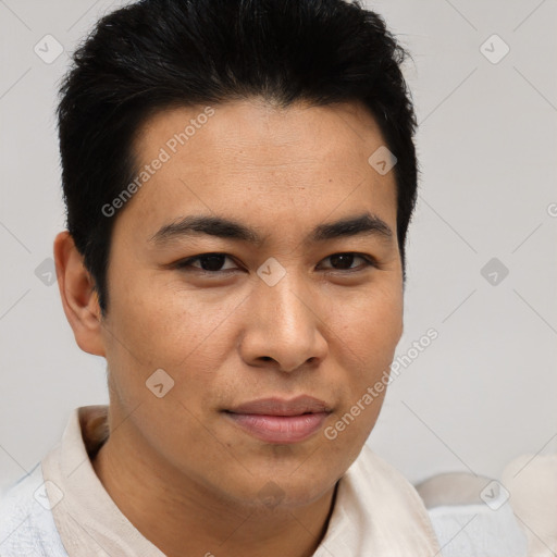 Joyful asian young-adult male with short  brown hair and brown eyes